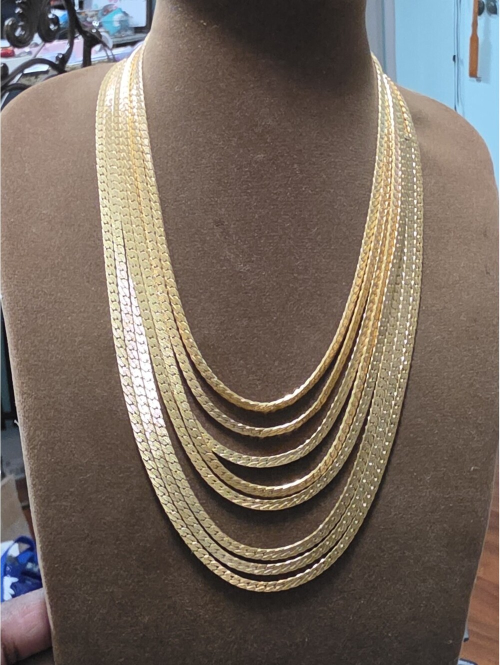 Vintage 8 Strands Monet Goldtone Herring Bone Layered Necklace Necklace